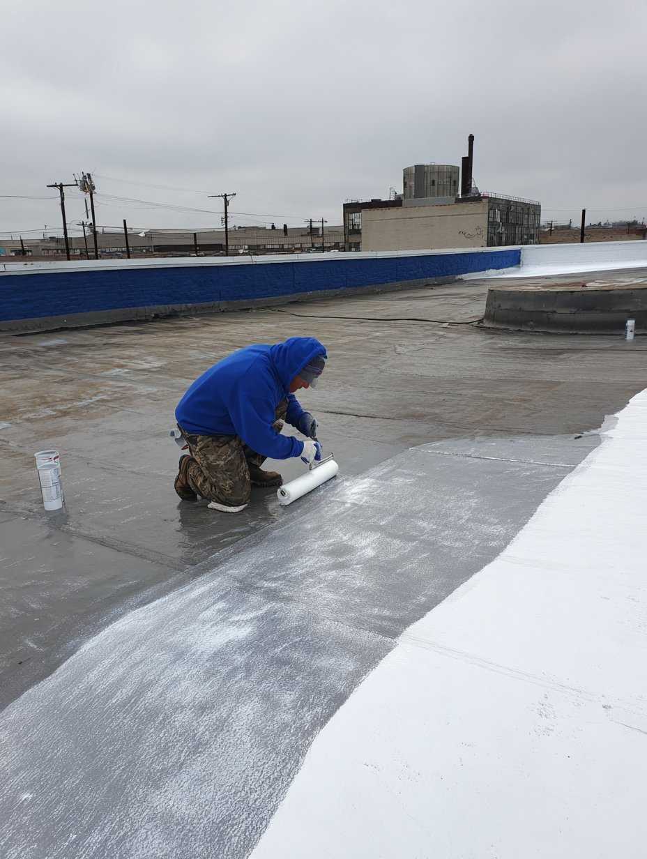 Silicone coating rolled over the old membrane on a Maspeth warehouse roof