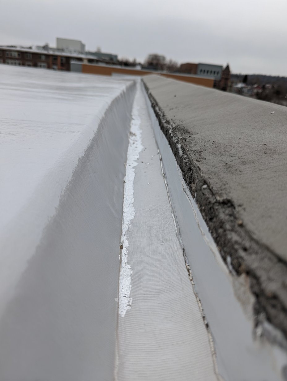 Reinforcing fabric bedded into each seam under roof coating on a Corona row house