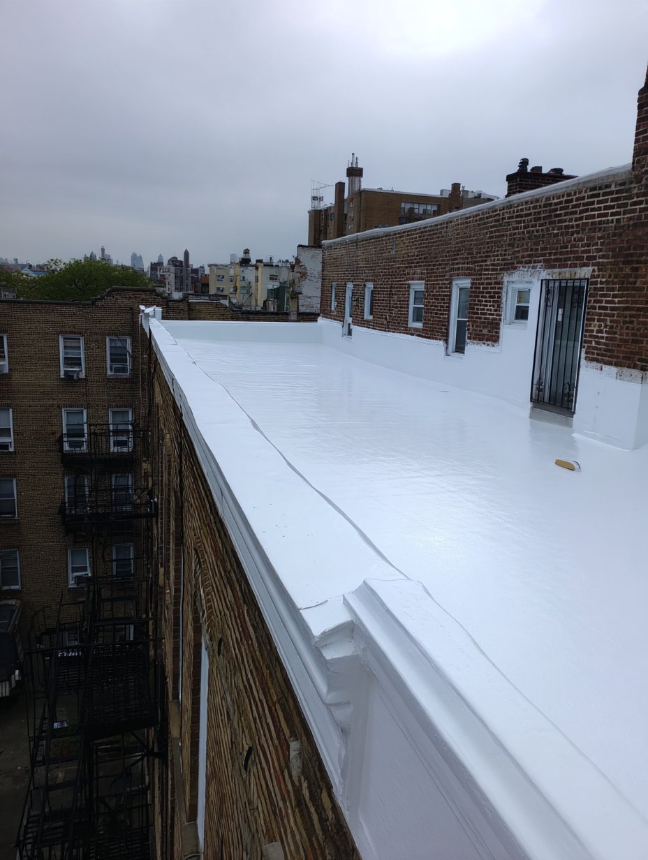 Roof coating carried up the parapet walls of an Elmhurst apartment building