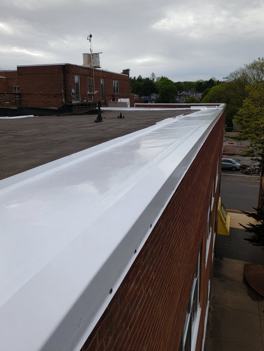 Bar-terminated TPO flashing along the parapet wall of an Elmhurst storefront