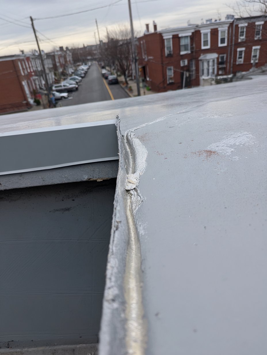 Rewelded TPO seam at the leak point on a Ridgewood two-family home
