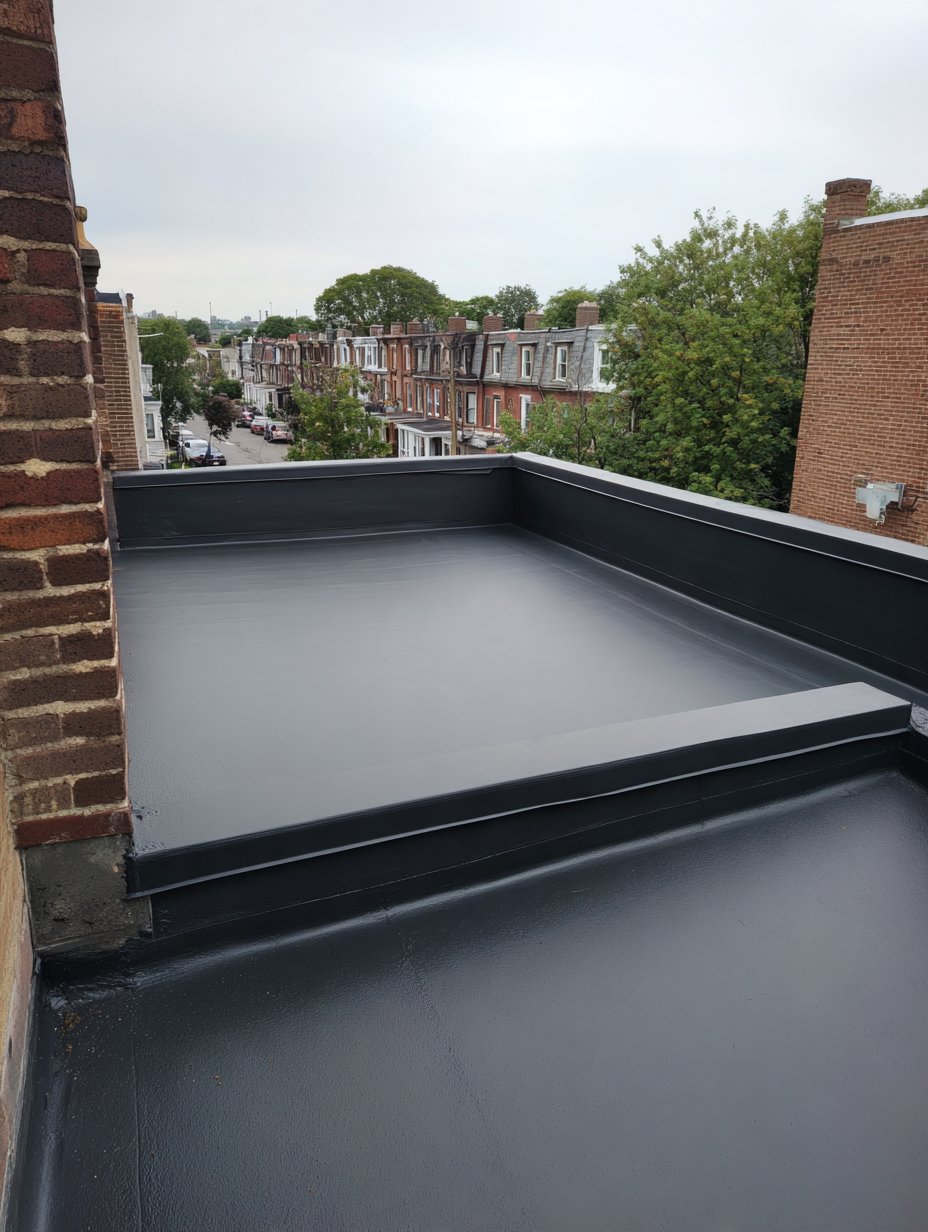 Single-sheet EPDM rubber roof with no field seams on a Woodside row house
