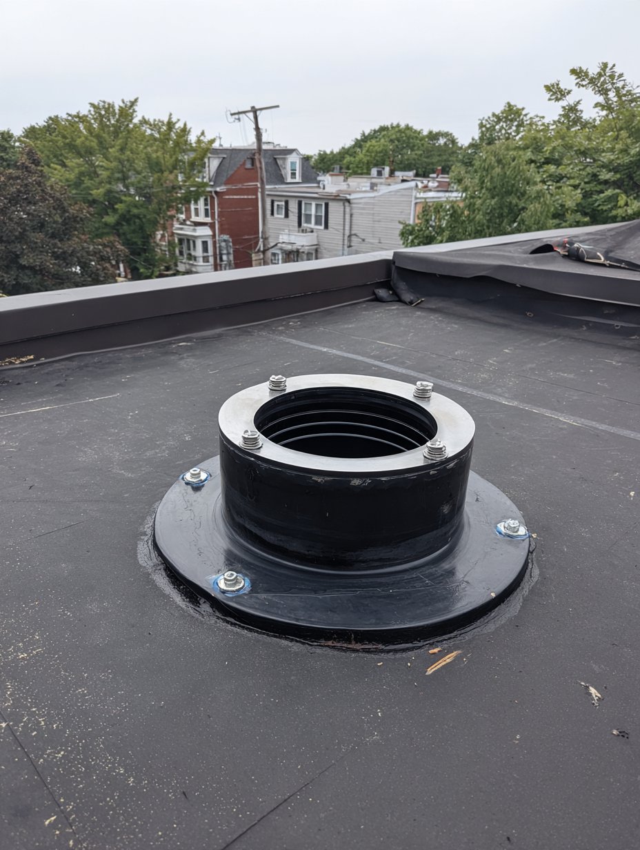 New roof drain clamped into EPDM rubber on a Sunnyside two-family home