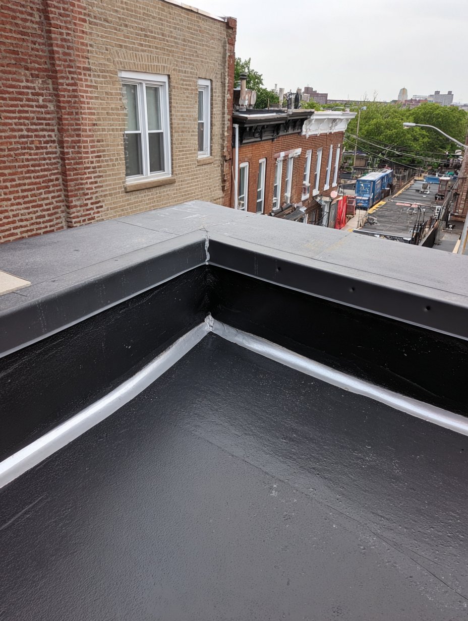 EPDM parapet walls flashed with seam tape on a Jackson Heights row house