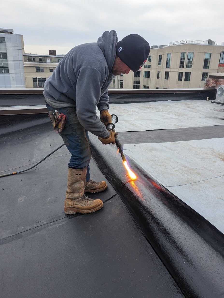 Torched modified bitumen cap sheet over a new base on a Jackson Heights co-op