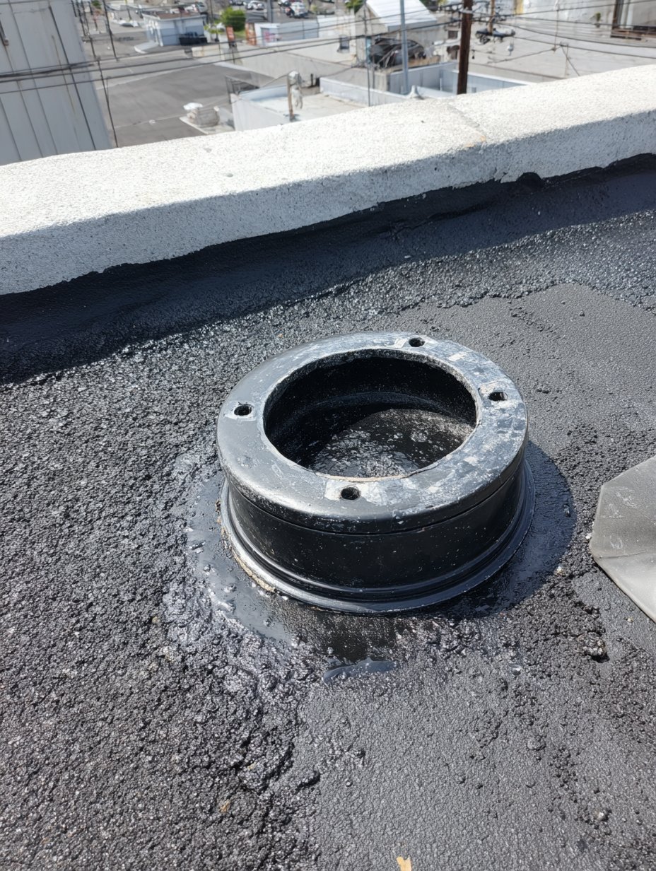 Roof drain reset and reflashed in modified bitumen on an Astoria storefront