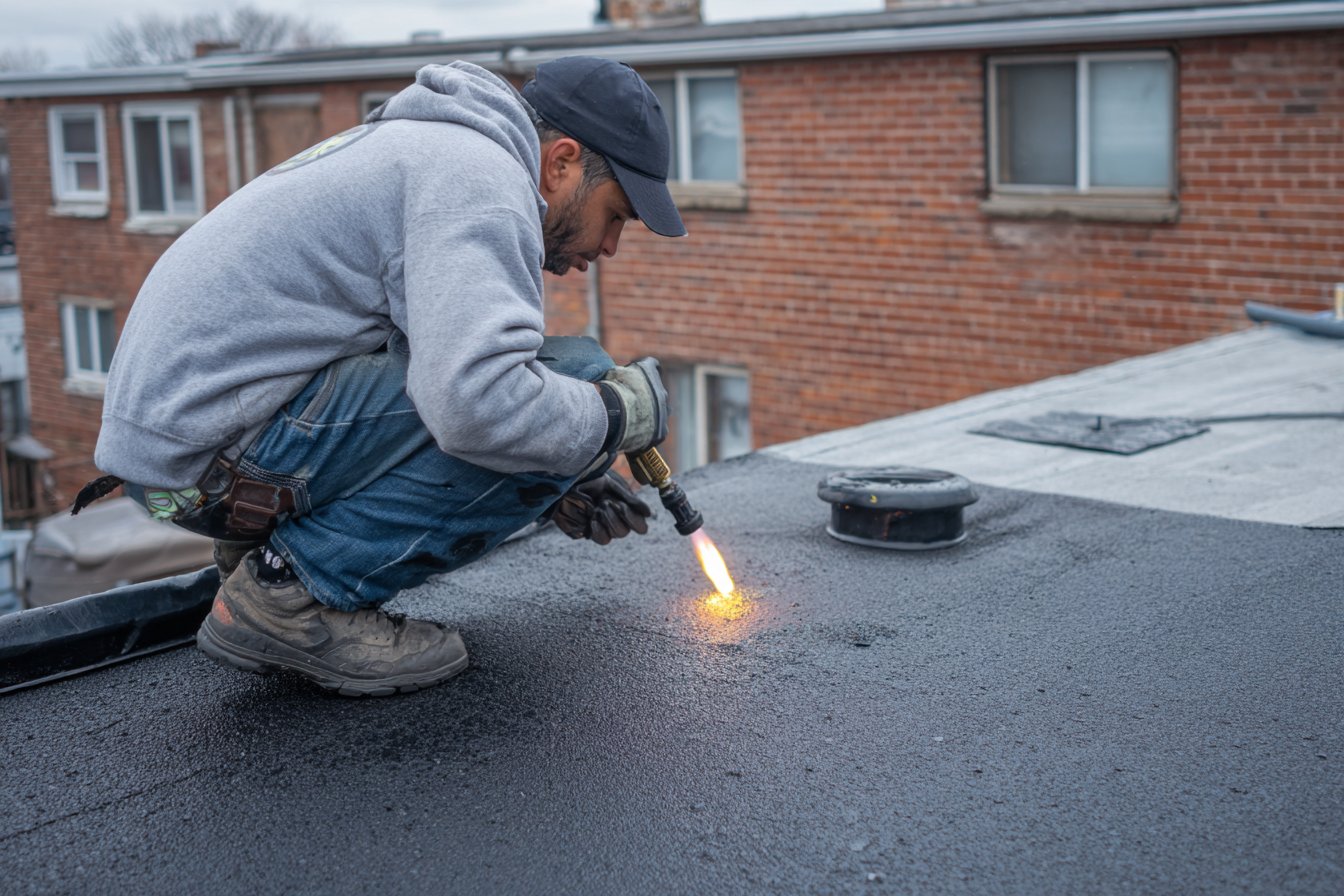 Roofer torching a new granulated cap sheet patch onto a worn modified bitumen roof on a Queens row house
