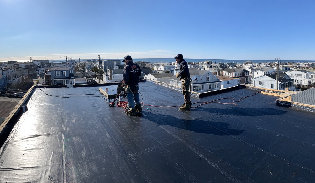 Crew rolling out a new modified bitumen cap sheet on a flat roof in Rockaway Beach, Queens, on a clear day by the ocean
