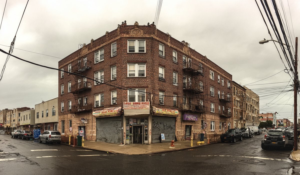 Mixed-use building in Rockaway Beach with a shop at street level and a flat commercial roof above the apartments