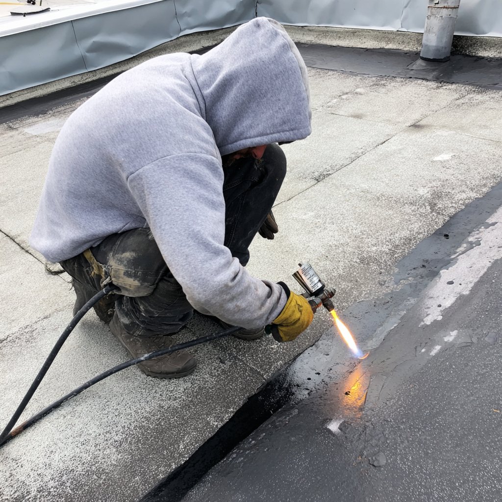 Roofer torching a modified bitumen patch over a repaired seam on a flat Sunnyside roof, granulated cap sheet lapped over the old membrane