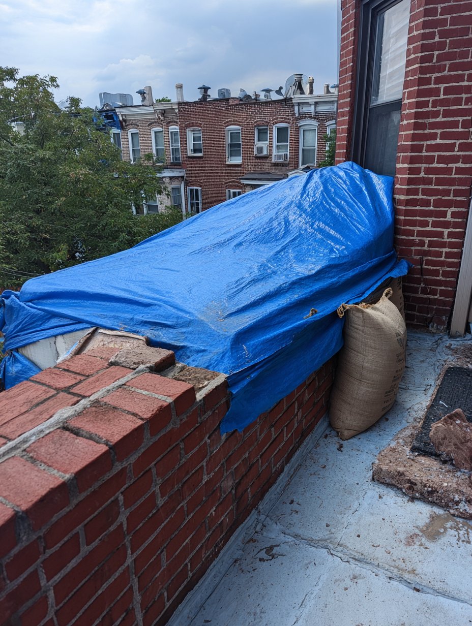 Blue emergency tarp weighted down over a leaking flat roof where it meets the brick parapet wall of an attached Sunnyside house