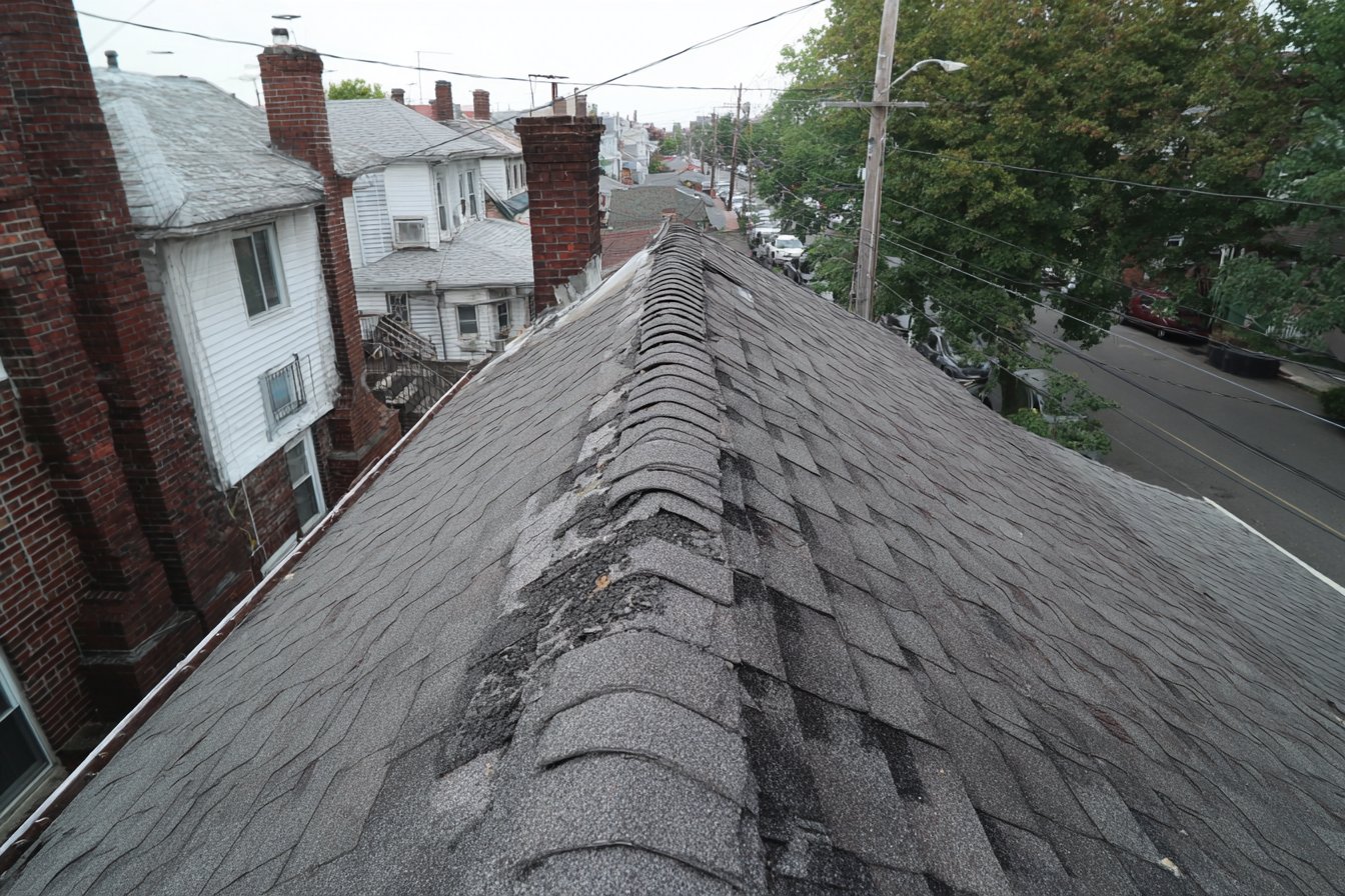 Pitched asphalt shingle roof on a Queens two-family house after a storm, with lifted and missing shingles along the ridge