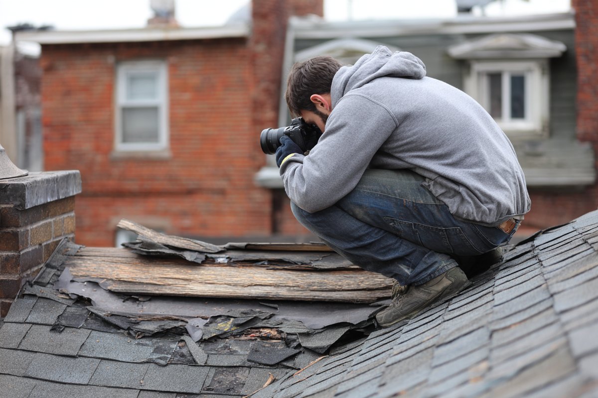 Roofer photographing a torn ridge cap and loose flashing on a pitched Queens roof for an insurance claim