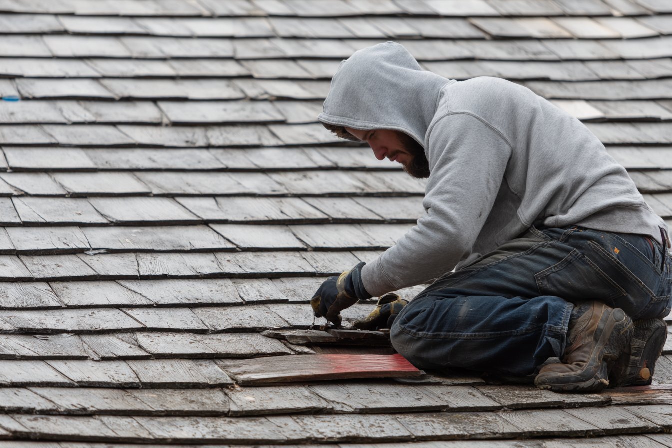 Flat Roofers NY roofer sliding a new red cedar shingle into a weathered gray wood shingle roof on a Queens Tudor home