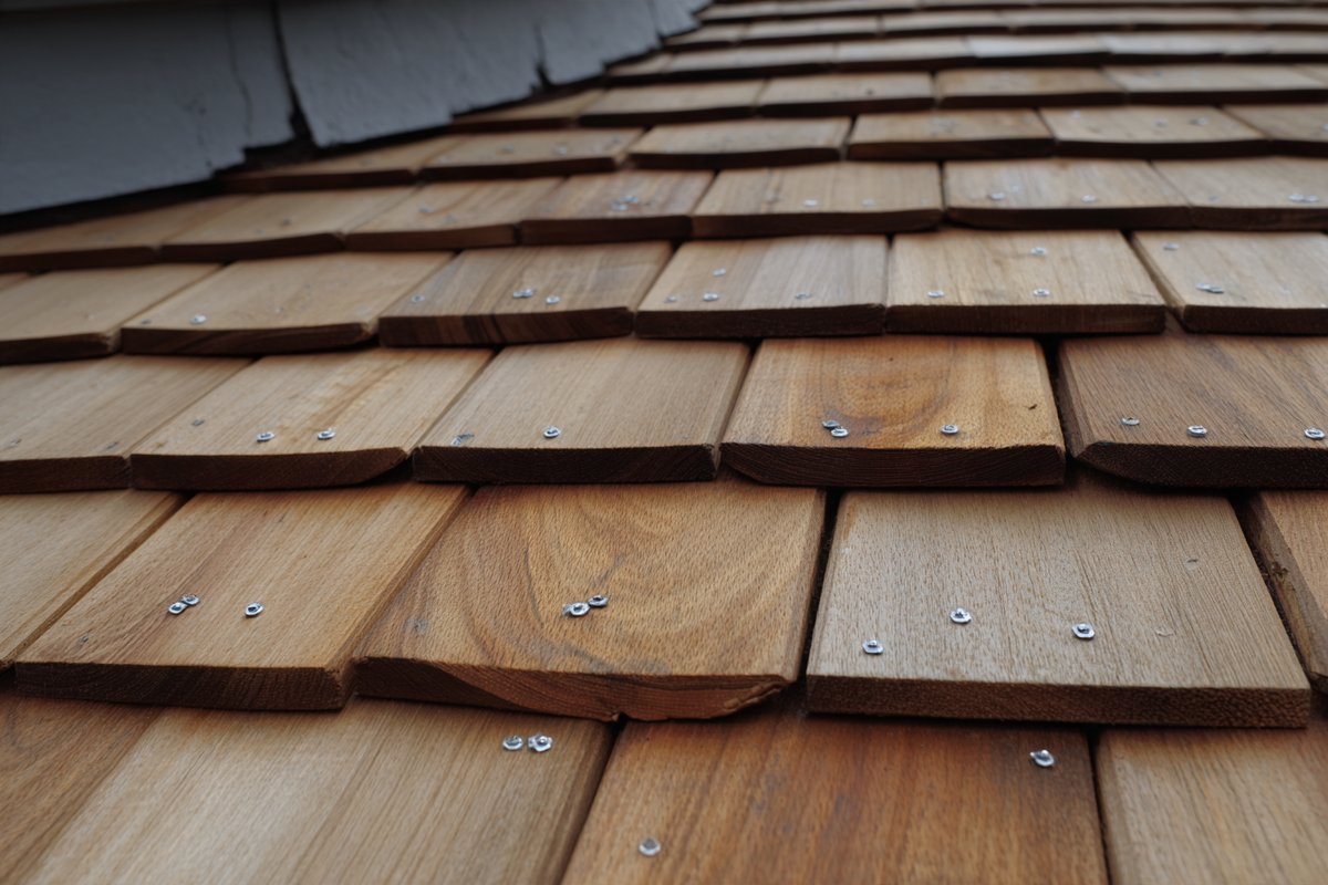 Close-up of honey-toned new red cedar shingles fastened with stainless steel nails beside older gray shingles